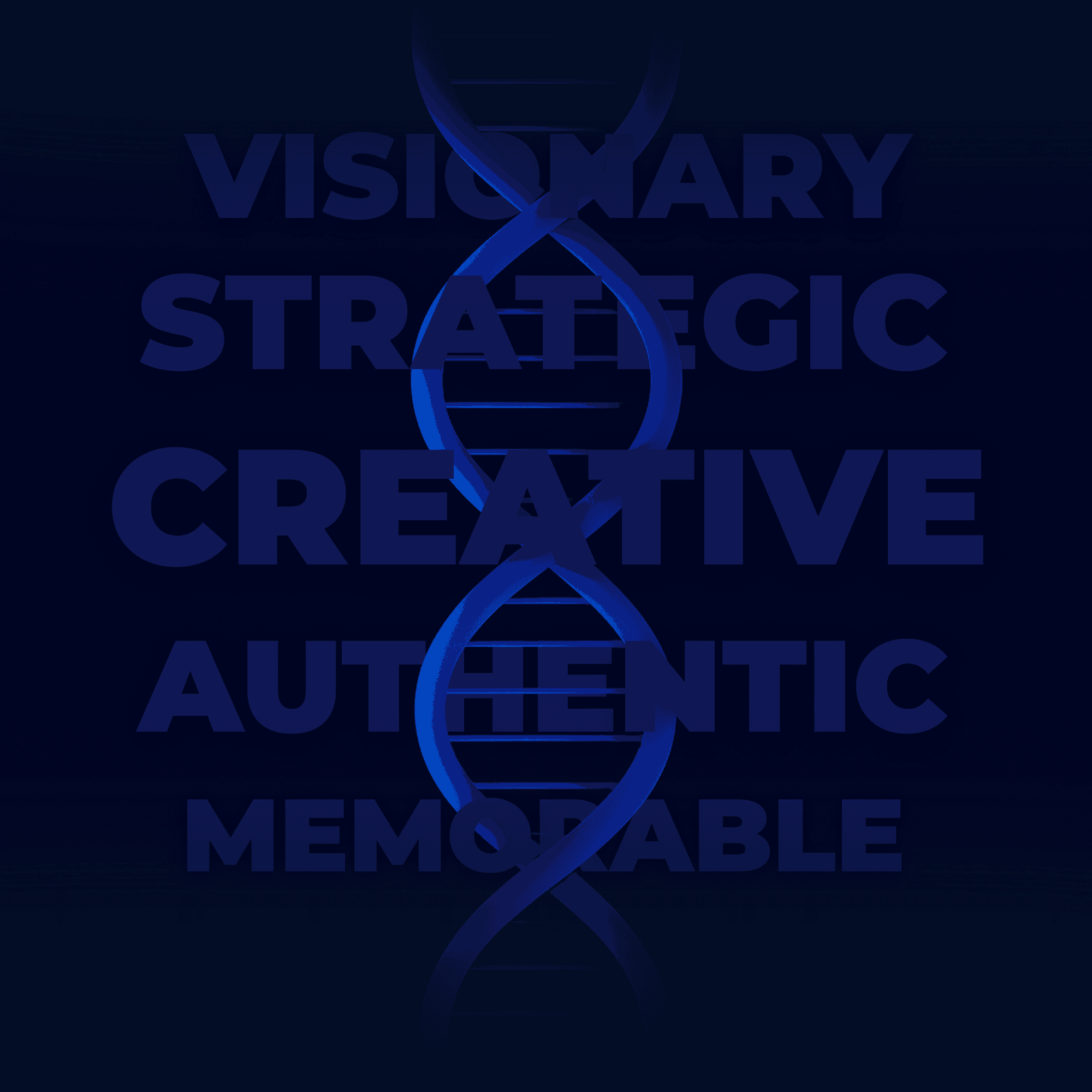 DNA strand illustration featuring core values like creativity, authenticity, and strategy visualizing WeLead’s brand identity.