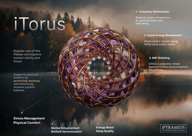 iTorus device benefits, including frequency optimization, scalar energy manipulation, EMF shielding, stress management, mental enhancement, energy boost, physical comfort.