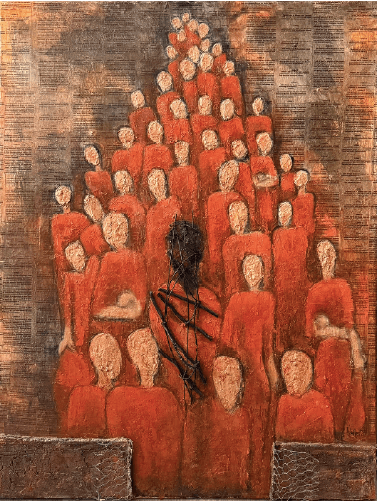 Articles, 2023. Mixed media on jute. by Barbara Walker.