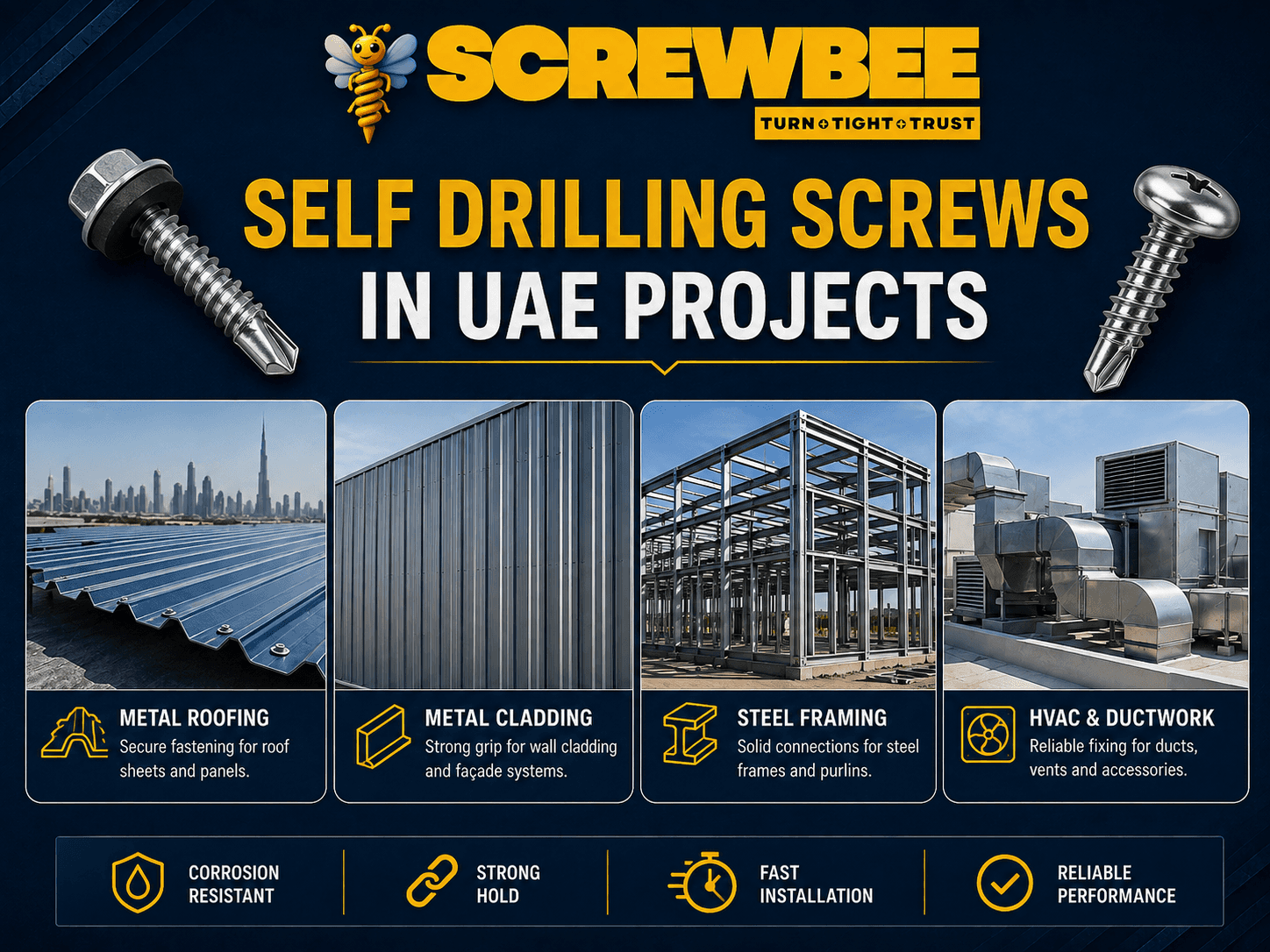 Self drilling screws for UAE metal roofing, cladding, steel framing and HVAC projects