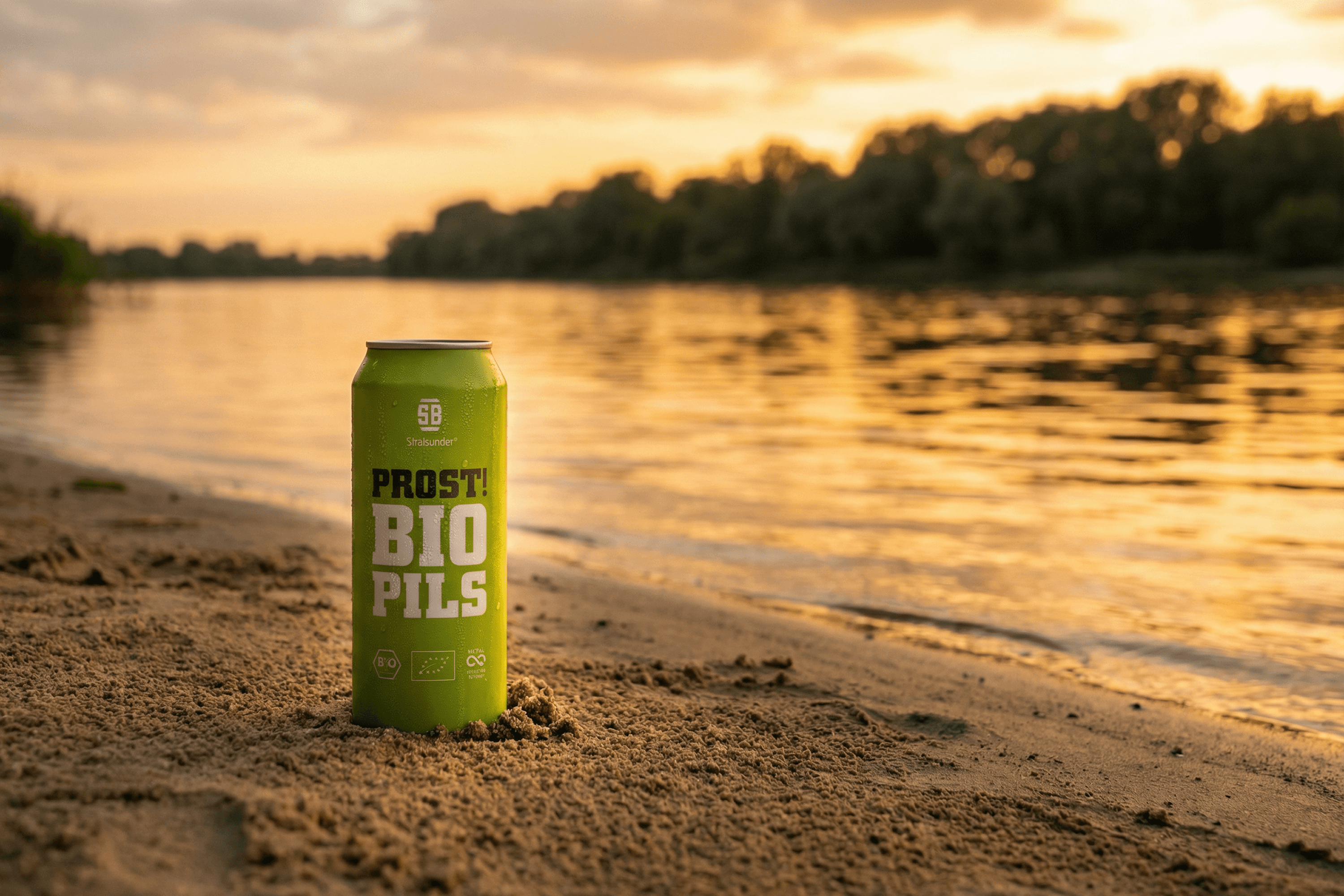 Green can of "Prost! Bio Pils" on a sandy shore at sunset.