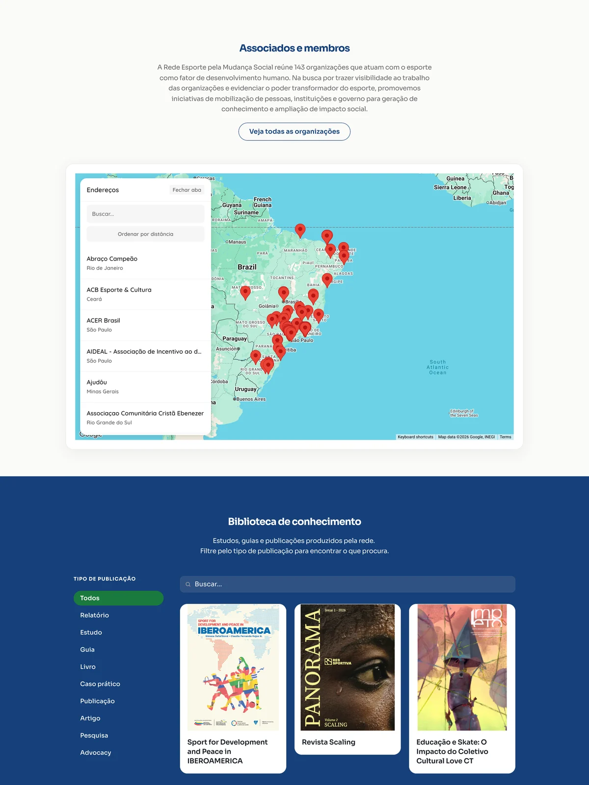 Mapa de associadas e biblioteca de conhecimento na página inicial do site da REMS no computador