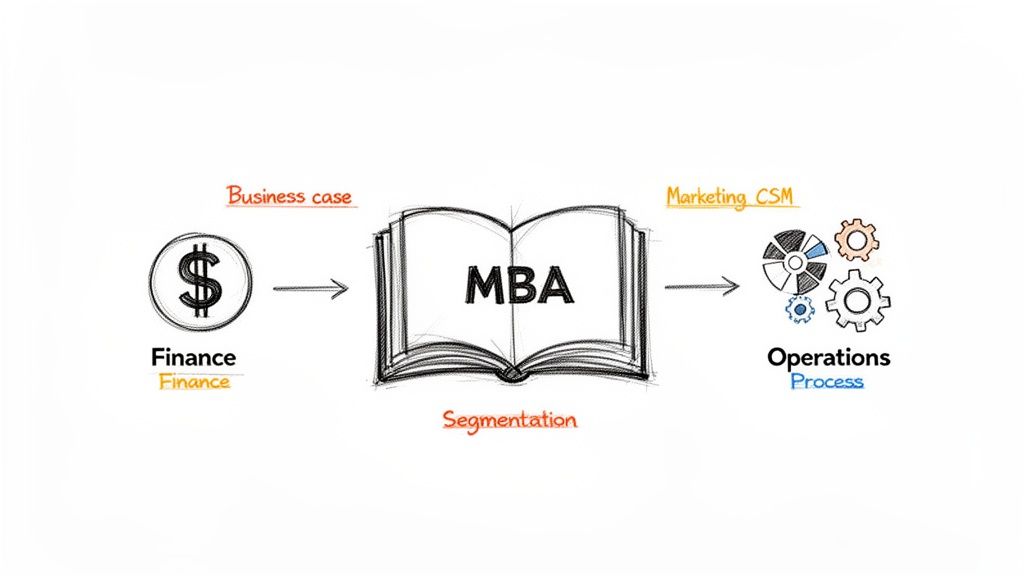 Diagram showing a business process from Finance (business case) through MBA to Operations (marketing, process).