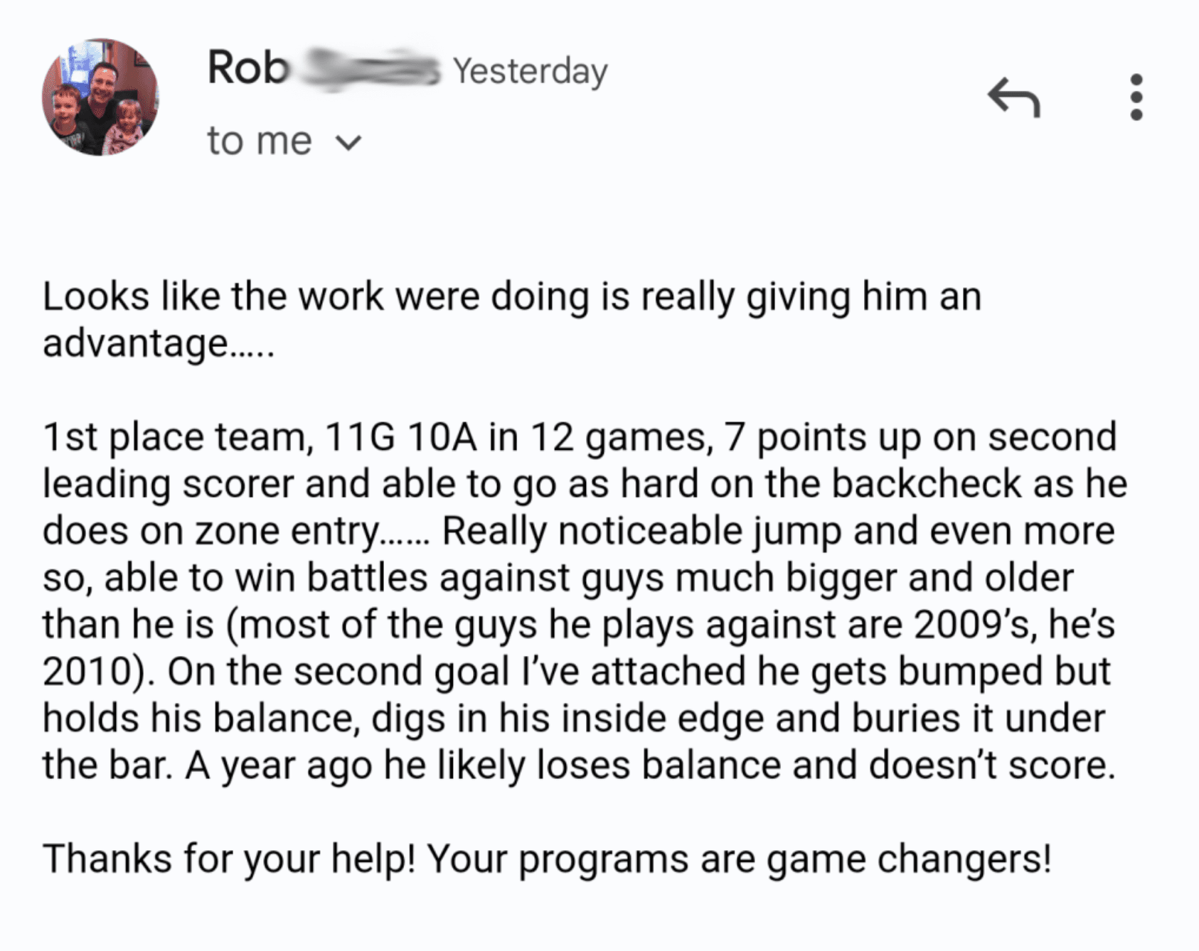 Email from Rob about his son's season
