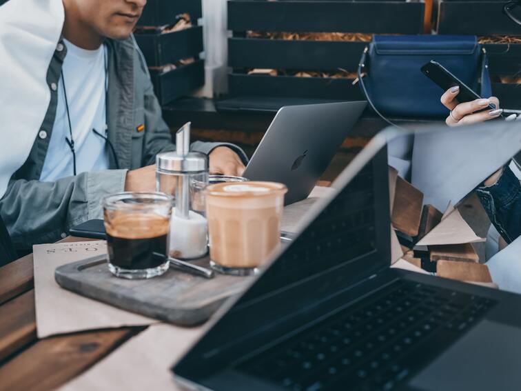 drinking coffee while working