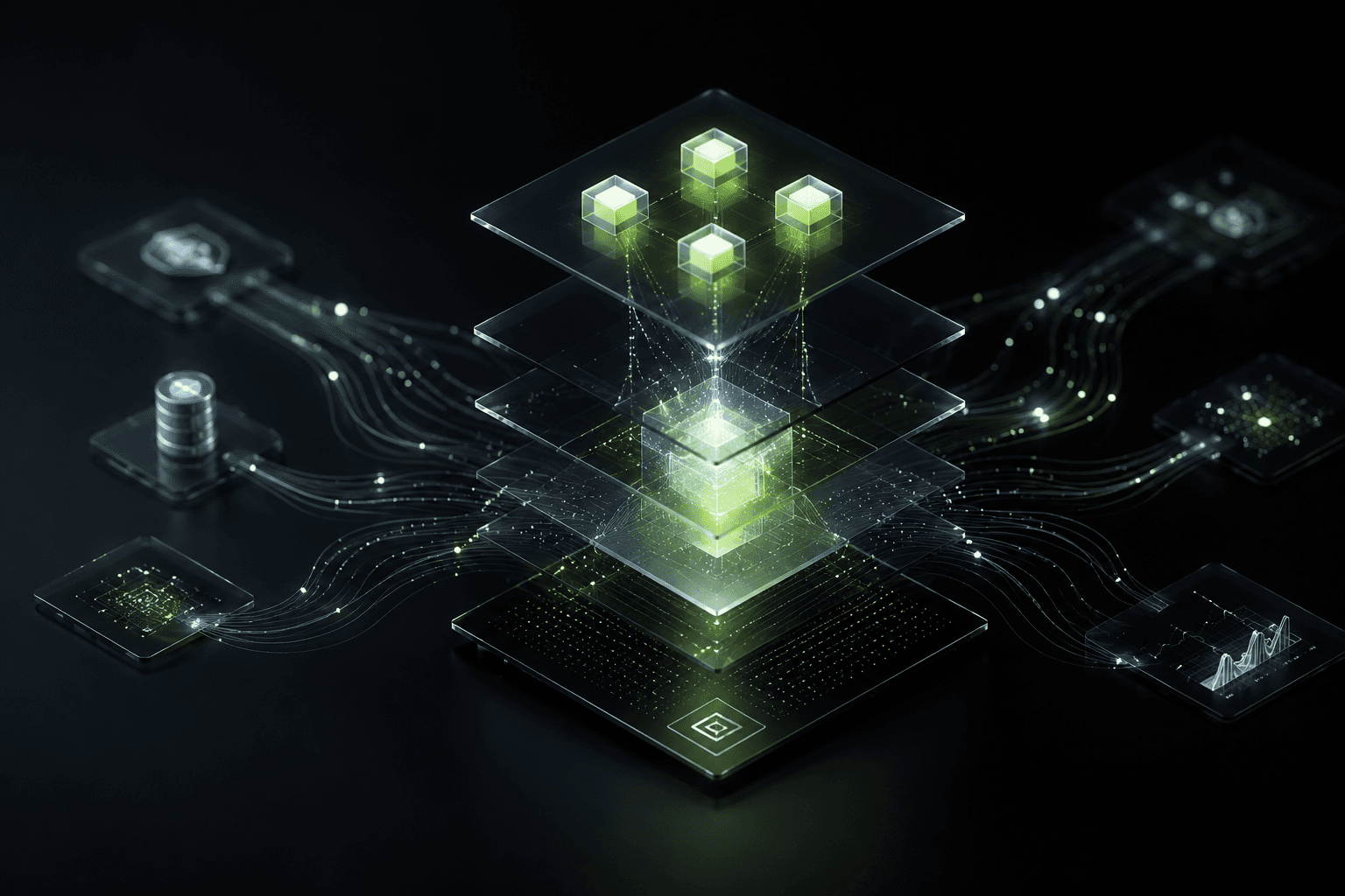 Layered system architecture represented as illuminated glass planes