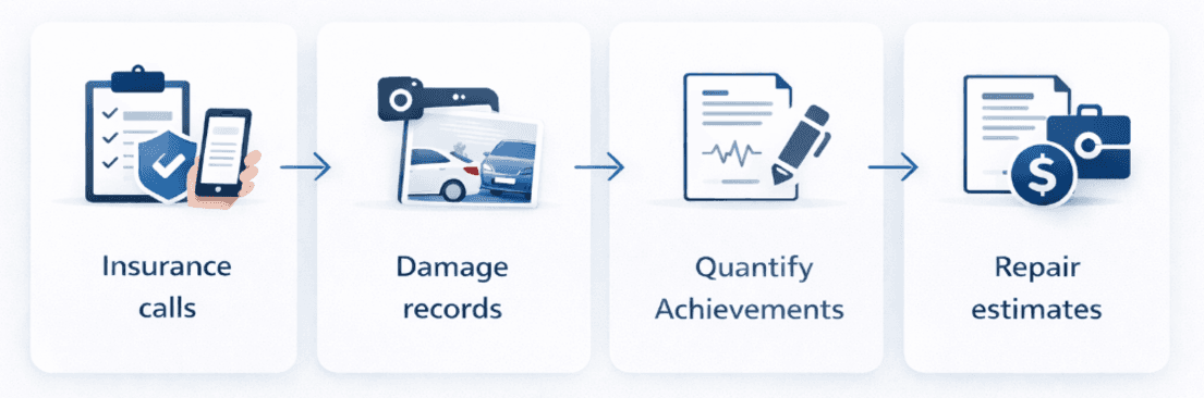 A four-step graphic shows the post-accident documentation flow: making insurance calls, collecting damage photos/records, documenting key facts and outcomes, and gathering repair estimates. It reflects how even a simple crash quickly becomes a paper trail where dates, proof, and costs matter.