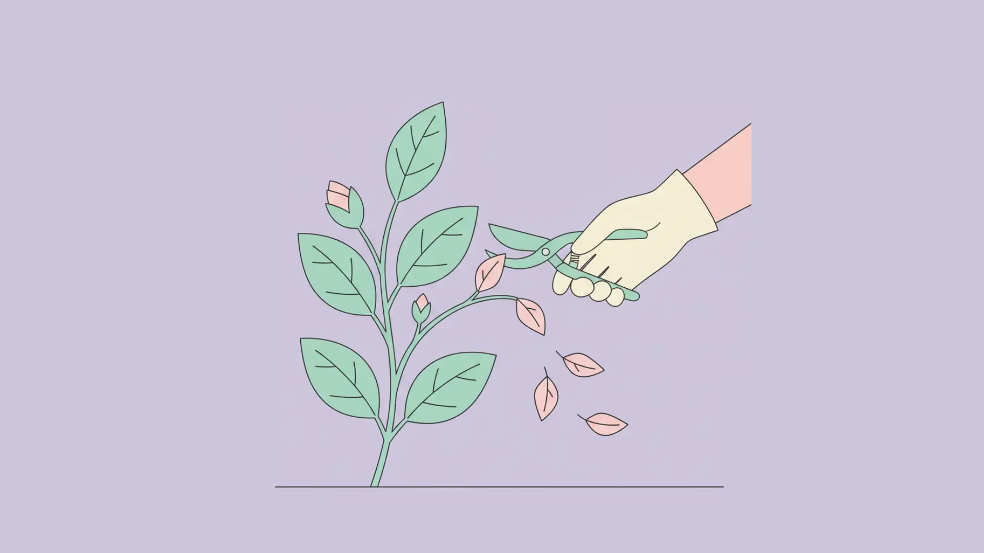 A minimalist illustration using a gardening metaphor for wishlist maintenance. A hand in a gardening glove carefully uses pruning shears to snip away small, unwanted leaves from a healthy, growing plant, symbolizing the regular review and removal of old items from a list.