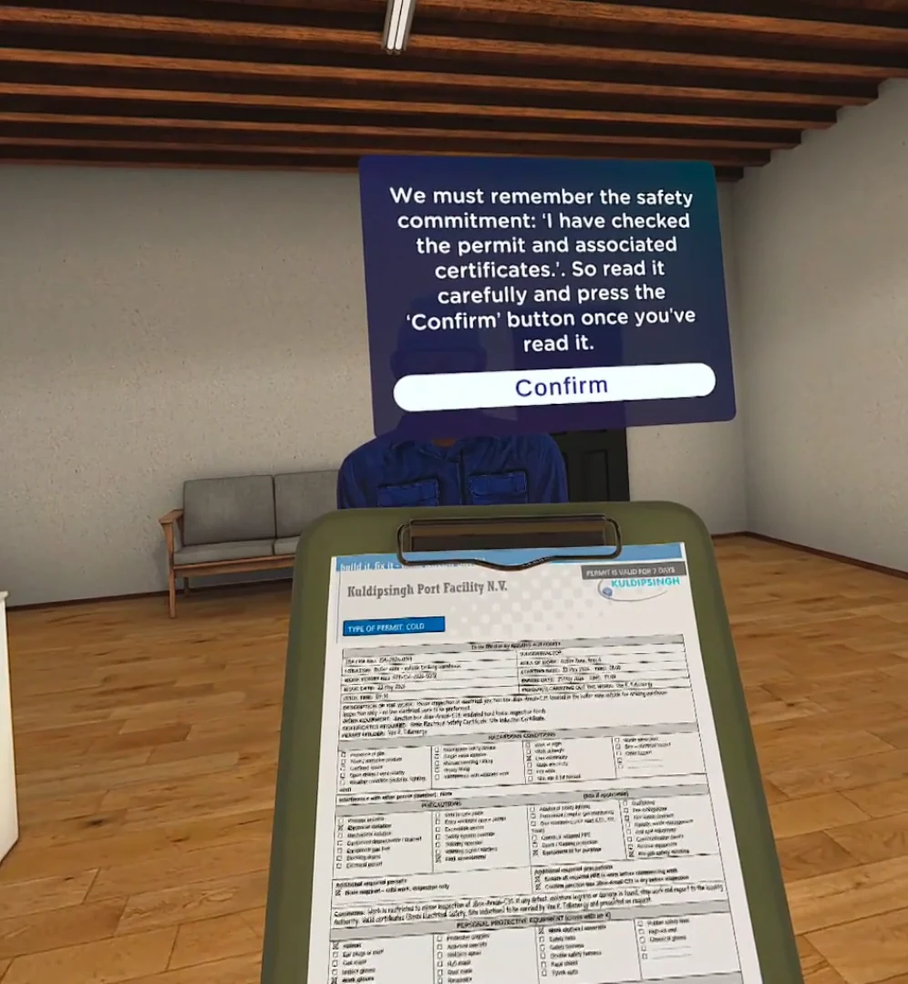 Reviewing a permit on a clipboard in a VR scenario