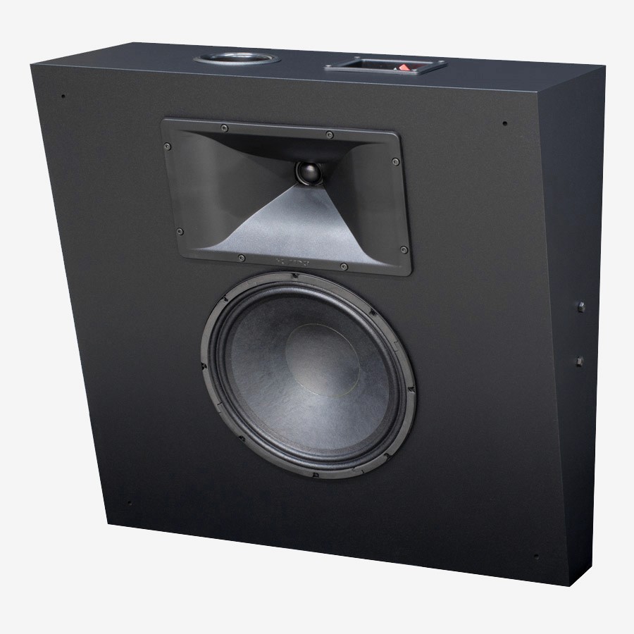 Black loudspeaker with horn-loaded tweeter and woofer