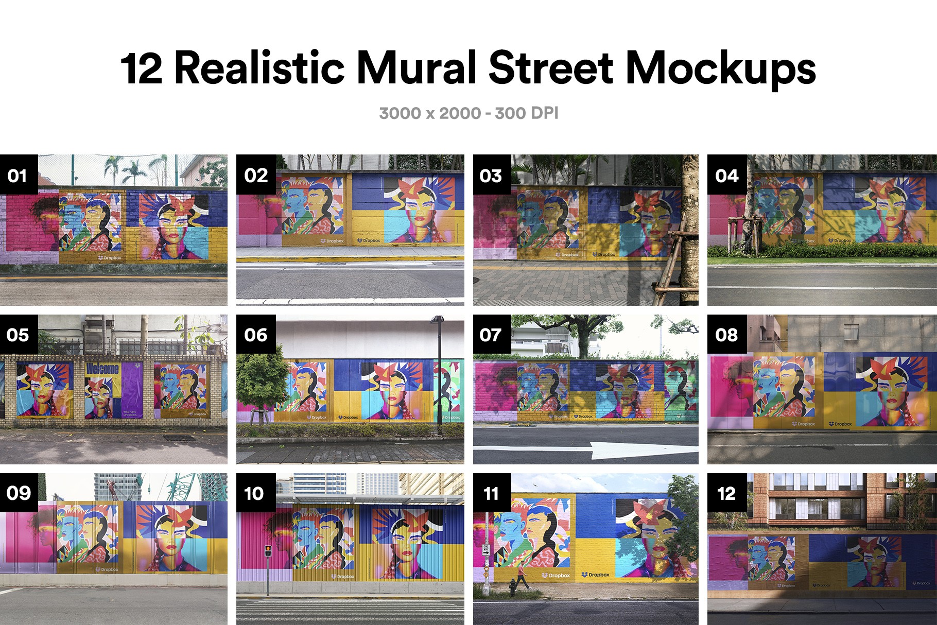 Preview of 12 different mural mockup scenes, showcasing urban street settings with realistic textures.