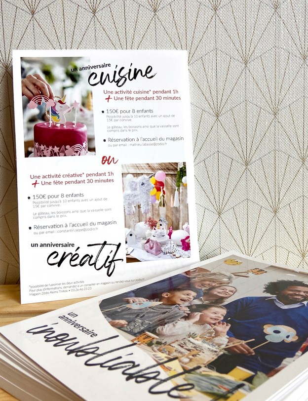 Flyer informatif et publicitaire pour les ateliers anniversaire.