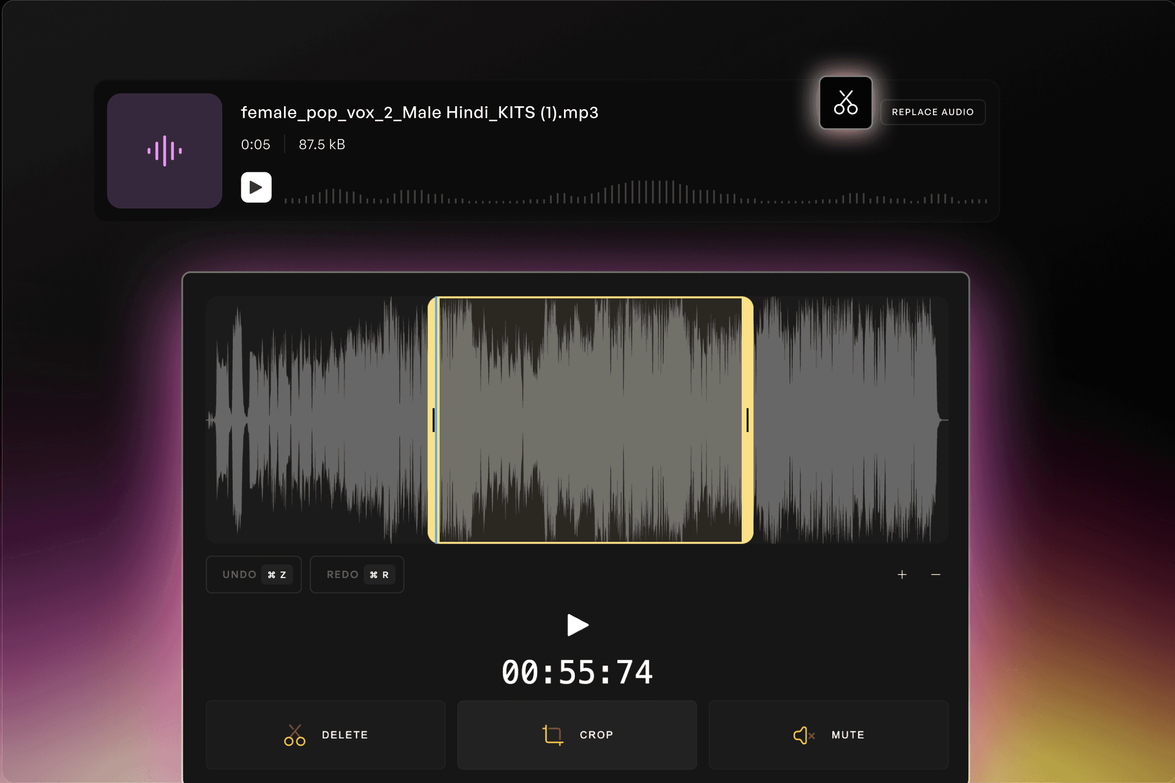 Superposición de la herramienta de corte de audio de Kits AI sobre la interfaz web de Kits AI