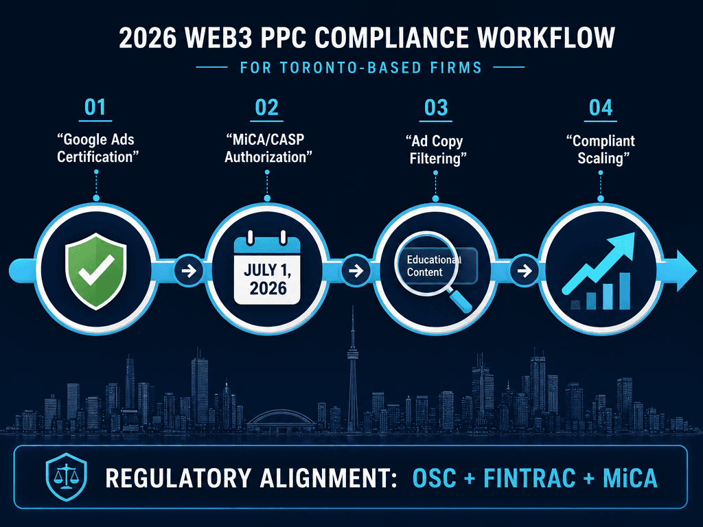 Strategic diagram of the 2026 Web3 PPC compliance roadmap showing CASP authorization and Google Ads certification steps for Toronto agencies.