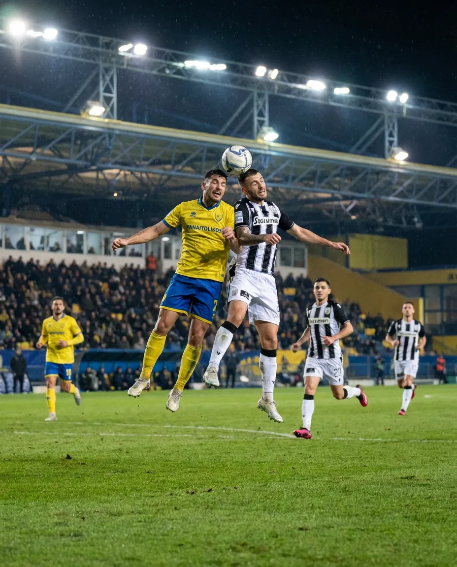Football action scene between Panaitolikos and PAOK in a Greek stadium.