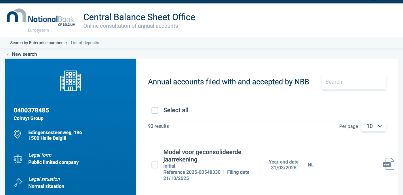 De Balanscentrale van de Nationale Bank met 93 neergelegde jaarrekeningen voor een Belgisch bedrijf, elk te downloaden als pdf
