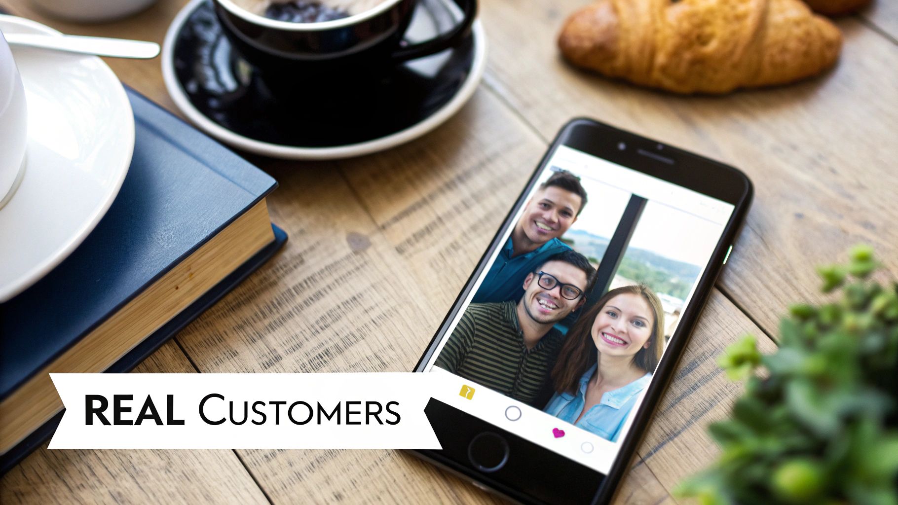 A smartphone displays a photo of three smiling people, next to a coffee cup and book, with 'REAL Customers' text.