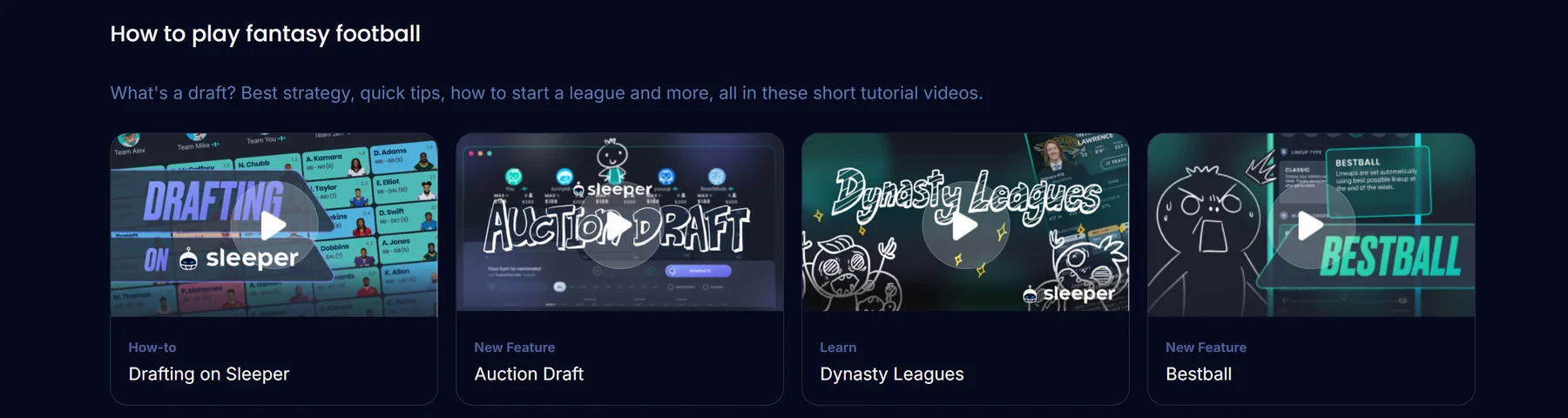 The previous Sleeper page's How to play section: four video thumbnails