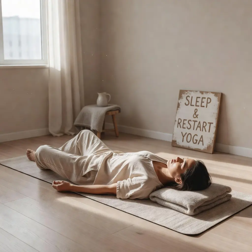 A tranquil, sun-lit scene of a person in a restorative yoga pose, supported by a bolster and blankets in a bright, minimalist studio. The soft natural lighting and neutral tones create a peaceful atmosphere of deep relaxation and stillness.
