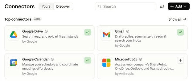 Claude's Connectors page showing Google Calendar and Gmail connected, with the Microsoft 365 connector for Outlook beside them