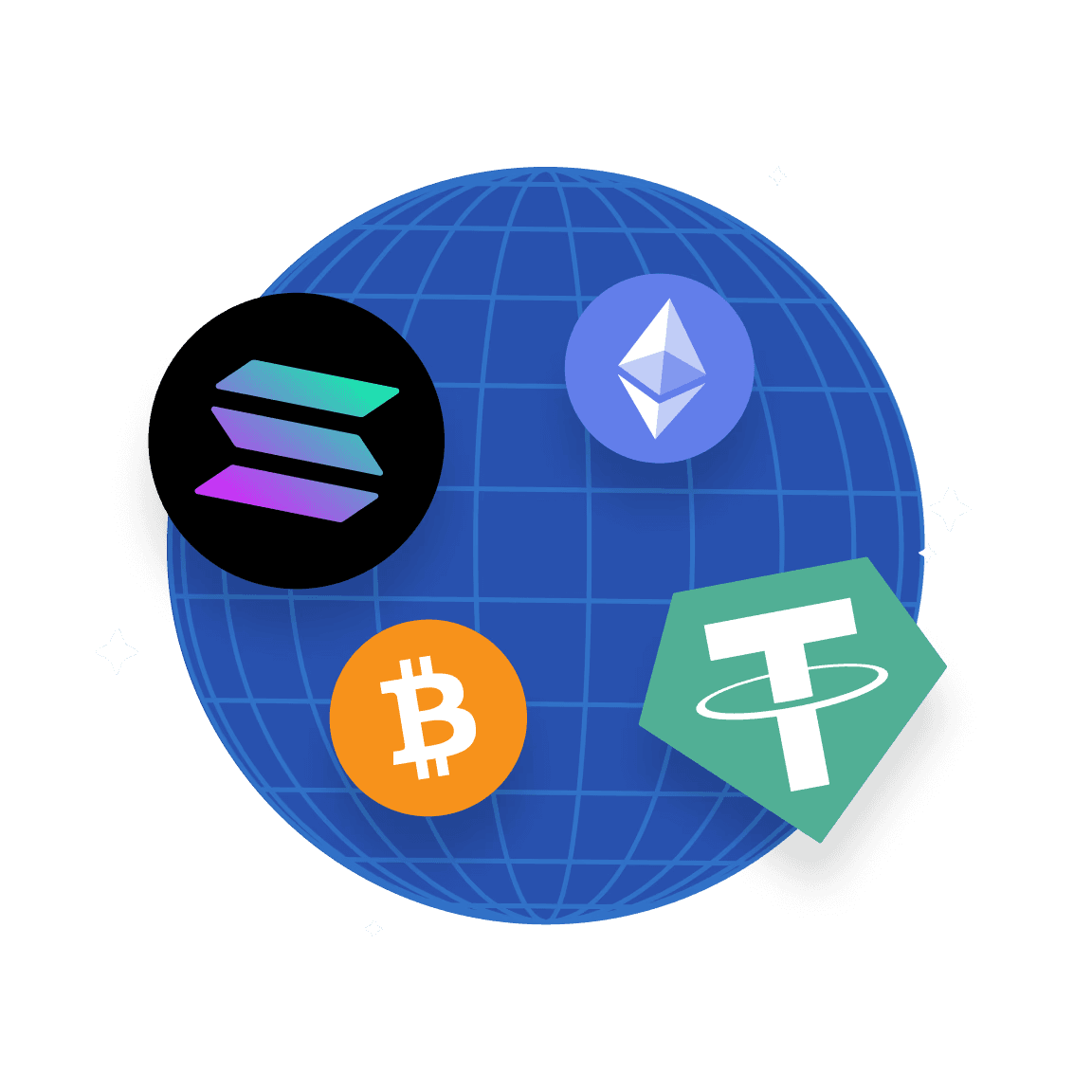 Iconen die verschillende cryptocurrencies weergeven tegen een cirkelvormige blauwe achtergrond.