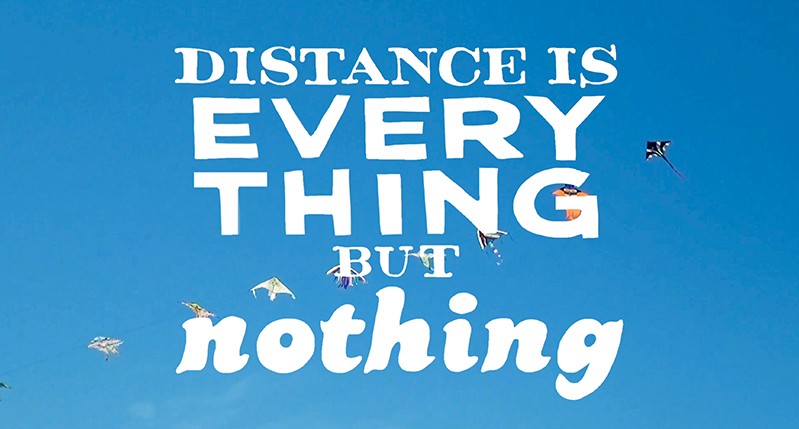 A photo of a blue sky with a line of kites. On it there is a text: Distance is everything but nothing.
