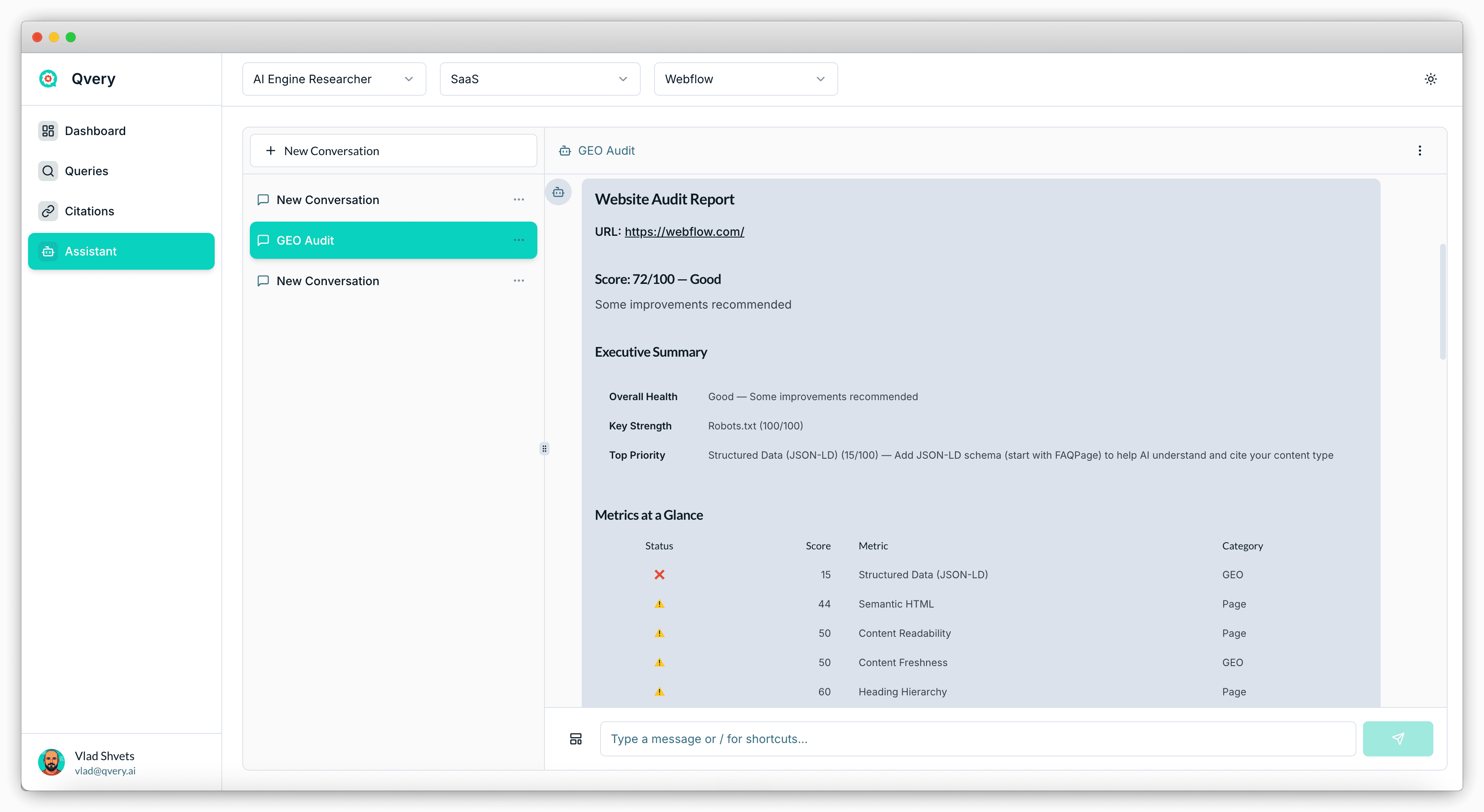 Qvery Assistant running the GEO Website Audit template for https://webflow.com — overall score 72/100, rated "Good" with some improvements recommended. The Executive Summary highlights Overall Health Good, Key Strength Robots.txt at 100/100, and Top Priority Structured Data (JSON-LD) at 15/100. The Metrics at a Glance table flags Structured Data (red X, 15), Semantic HTML (warning, 44), Content Readability (50), Content Freshness (50), and Heading Hierarchy (60).