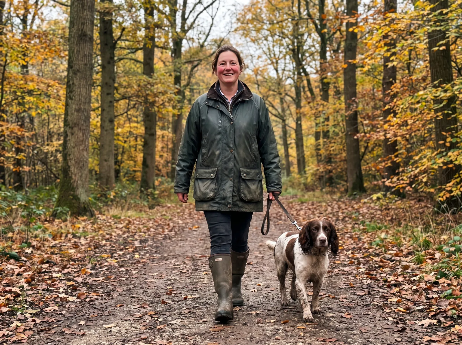 Julie walking her spaniel in the woods