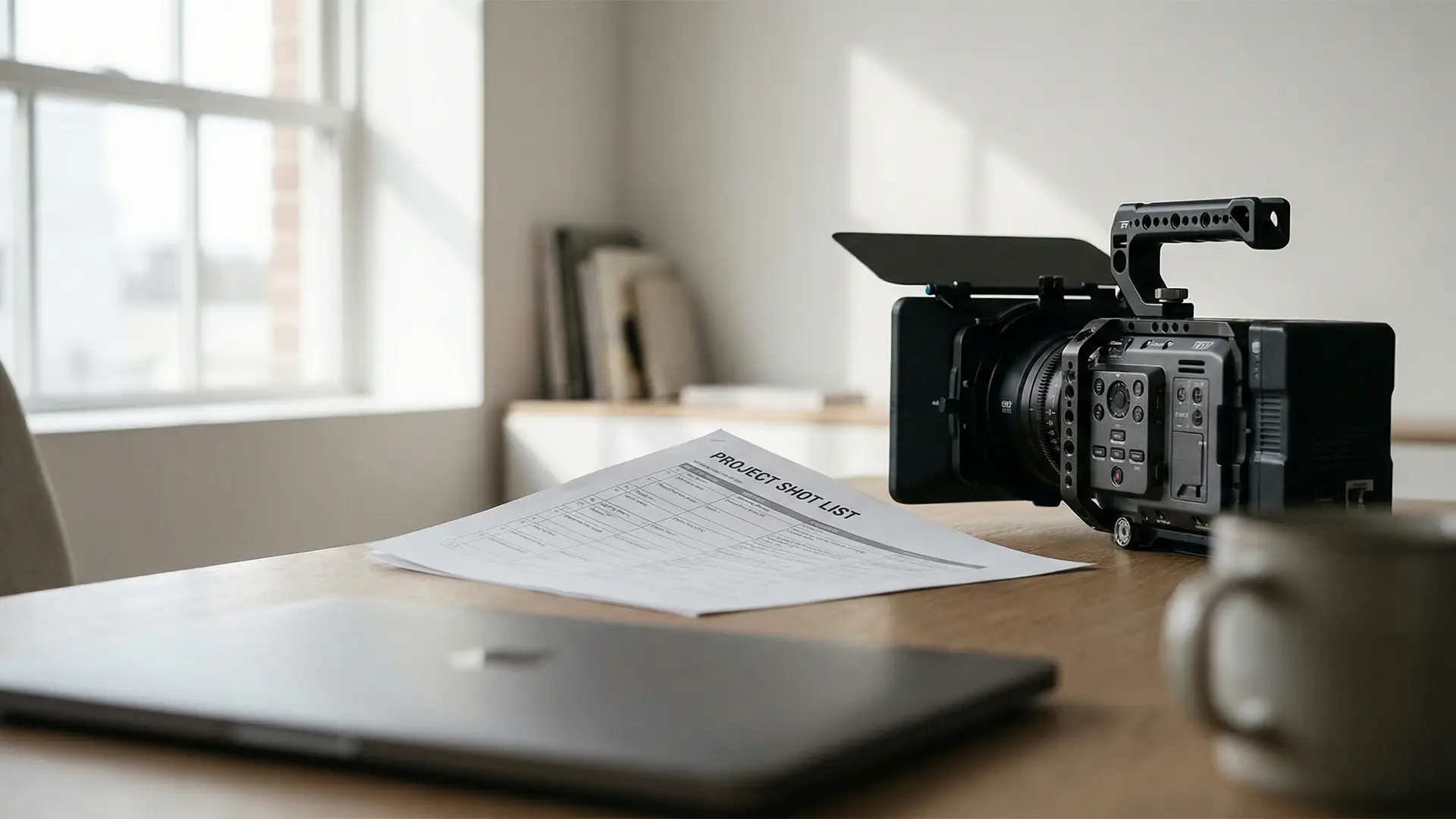 Broadcast video camera and project shot list on a desk in a calm, light-filled workspace, representing structured planning for video projects.