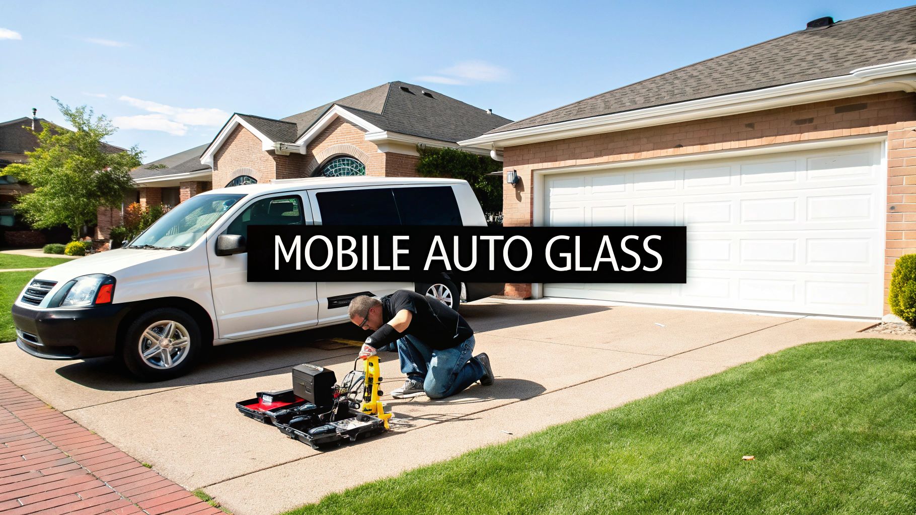 A mobile auto glass technician kneels to service a white van on a residential driveway.