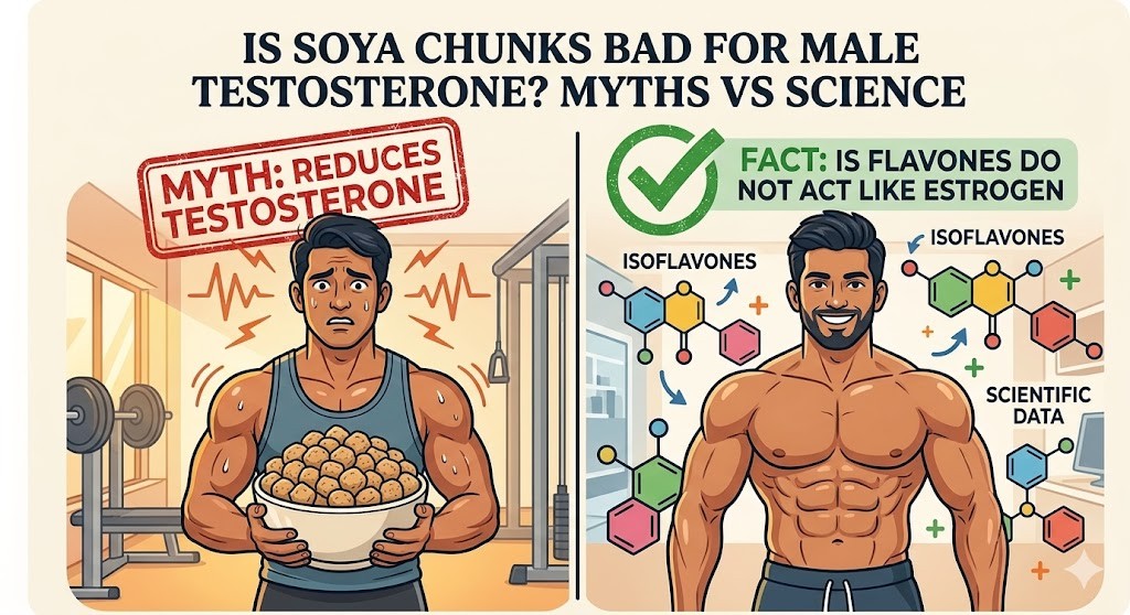 A comparative infographic chart addressing common myths versus scientific facts regarding soya chunks and male testosterone levels. The left side, under a red "Myth: Reduces Testosterone" stamp, features a worried-looking muscular Indian man in a gym holding a bowl of soya chunks. The right side, labeled "Fact: Isoflavones Do Not Act Like Estrogen" with a green checkmark, shows the same man looking confident and happy alongside molecular structures labeled "Isoflavones" and "Scientific Data."