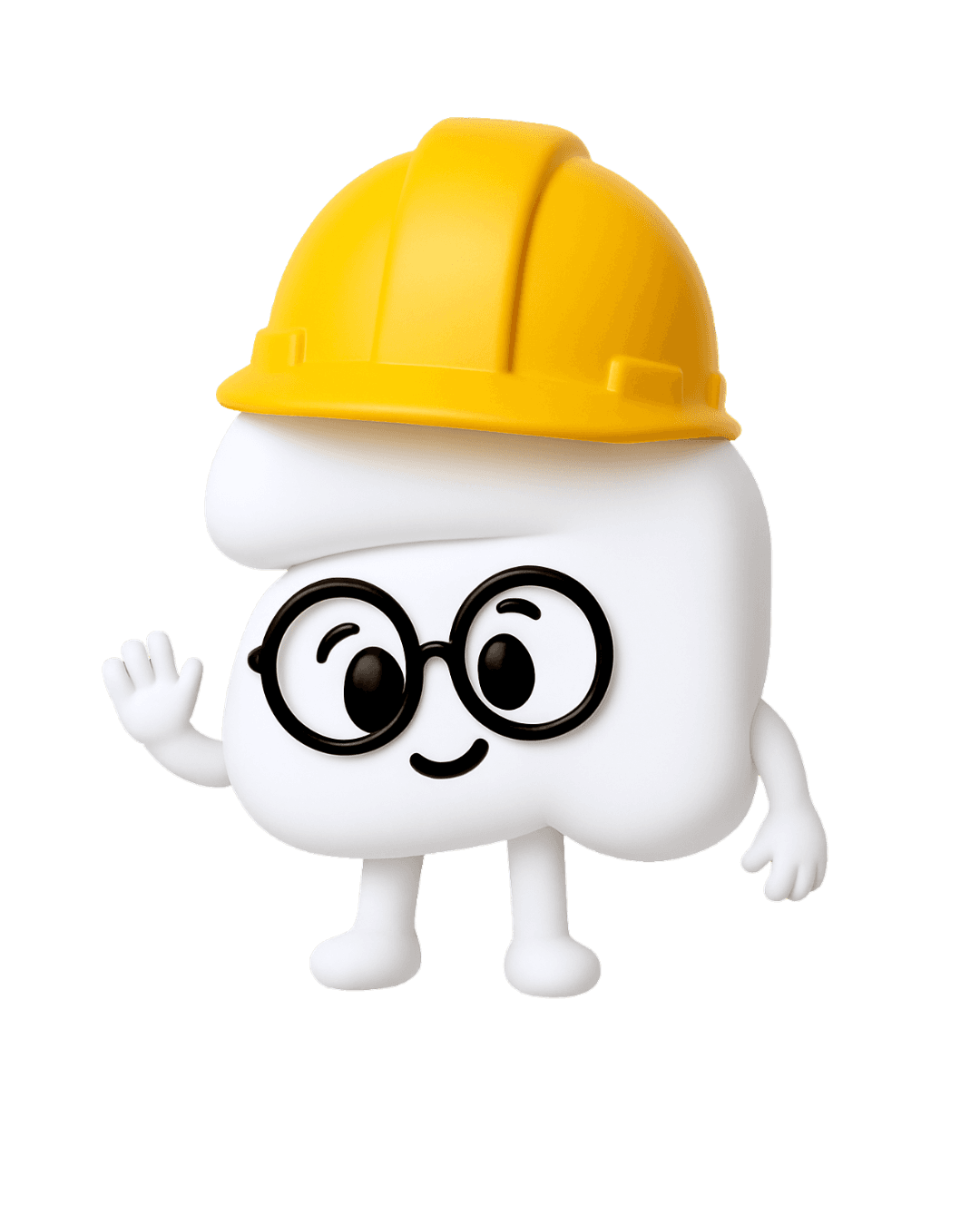 3D character wearing an orange jumpsuit and helmet, waving with a friendly expression.