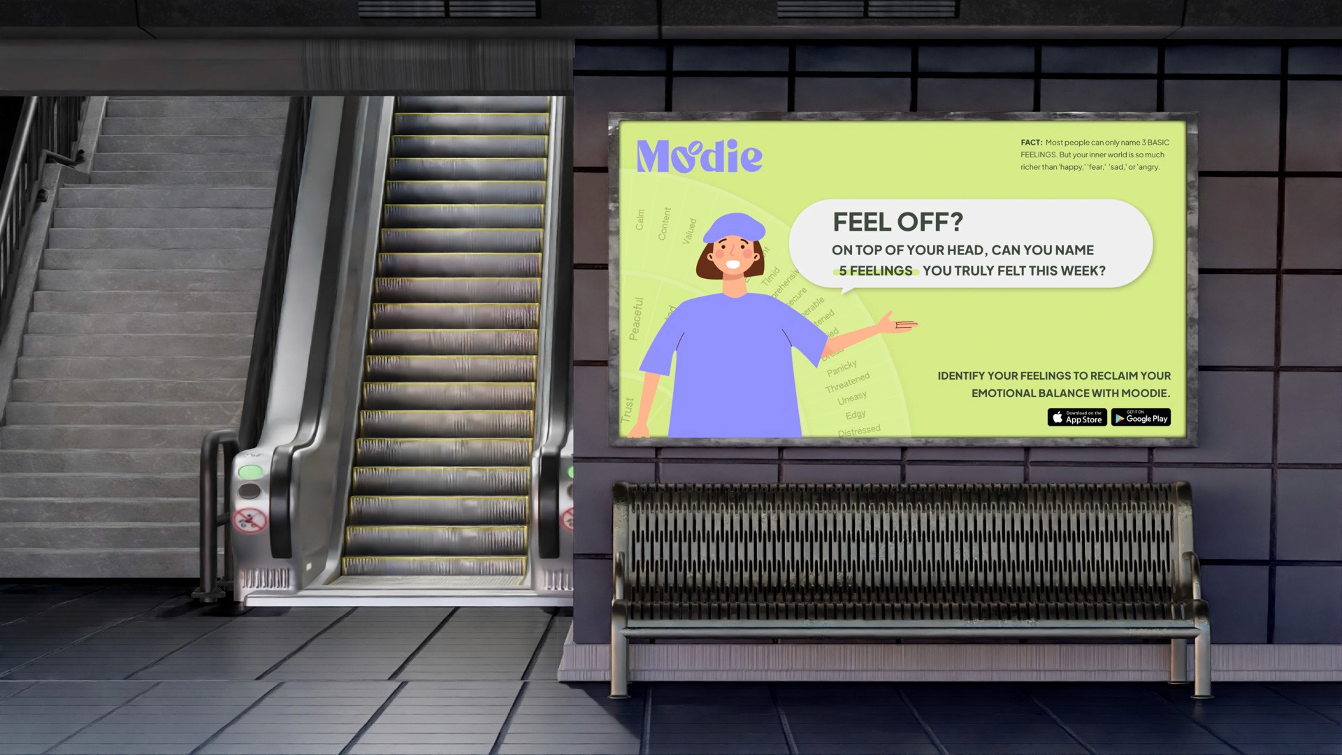 Two hands are holding a brochure titled "Moodie," which displays four smartphone screens with different app features. The text on the brochure reads "Feel better. Do better." and includes sections like "Who we are," "What we do," and "How we do it." In the background, there is a coffee cup, a coaster, a wire organizer, and dried flower petals.