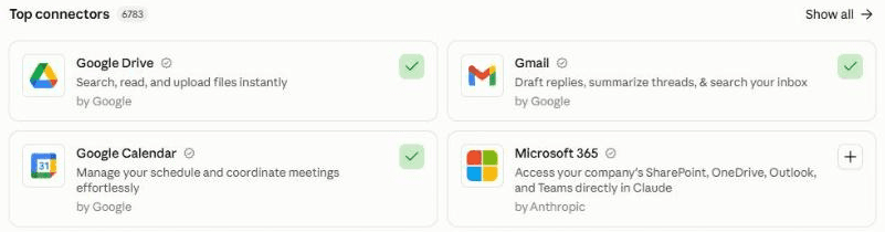Claude's connectors page with Google Calendar and Gmail connected, ready for an AI health coach to read your diary and email you a weekly note