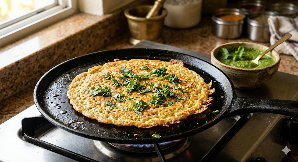 A golden, crispy moong dal cheela (savory lentil pancake) topped with fresh cilantro is cooking on a black cast iron tawa over a gas stove in a home kitchen. In the background, there's a bowl of green chutney and various Indian spice containers.