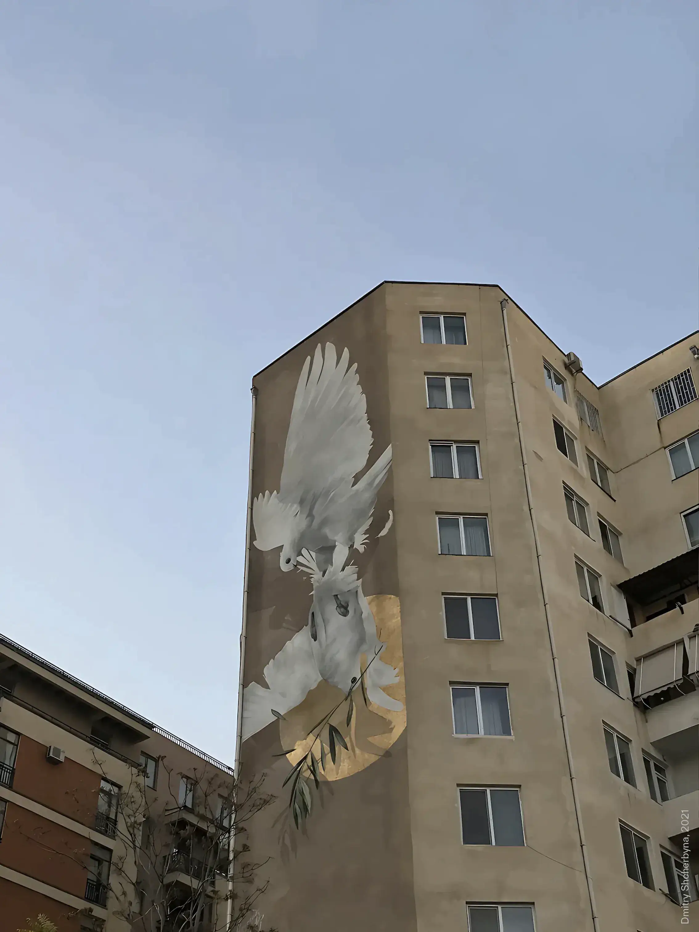 A mural on the narrow side of a tall apartment building shows two white doves fighting in flight, with the larger one carrying an olive branch. Behind them, a golden circular form shines, evoking the peace symbol.