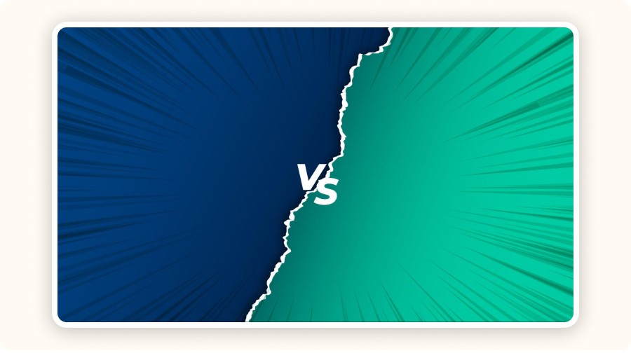 Fond bleu et vert déchiré, “VS” central symbolisant confrontation.with a Questioning face