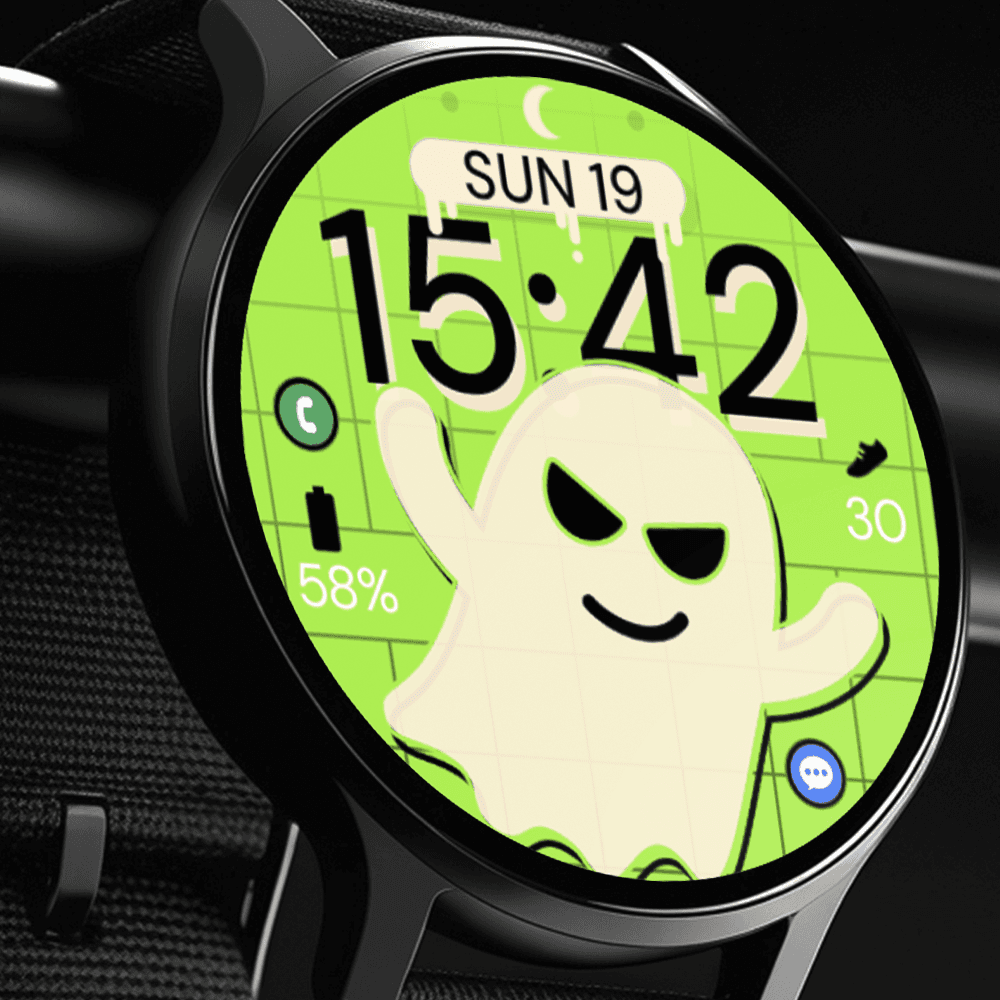 Modern Wear OS smartwatch displaying a digital halloween watch face