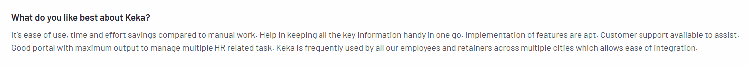 positive review of keka from third party platform G2