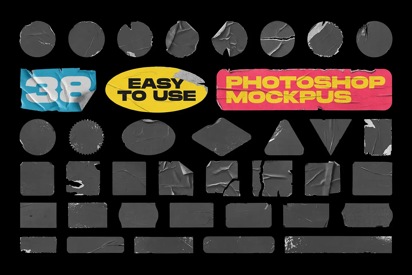 Selection of 38 blank black sticker mockup shapes with realistic creases and peeled edges