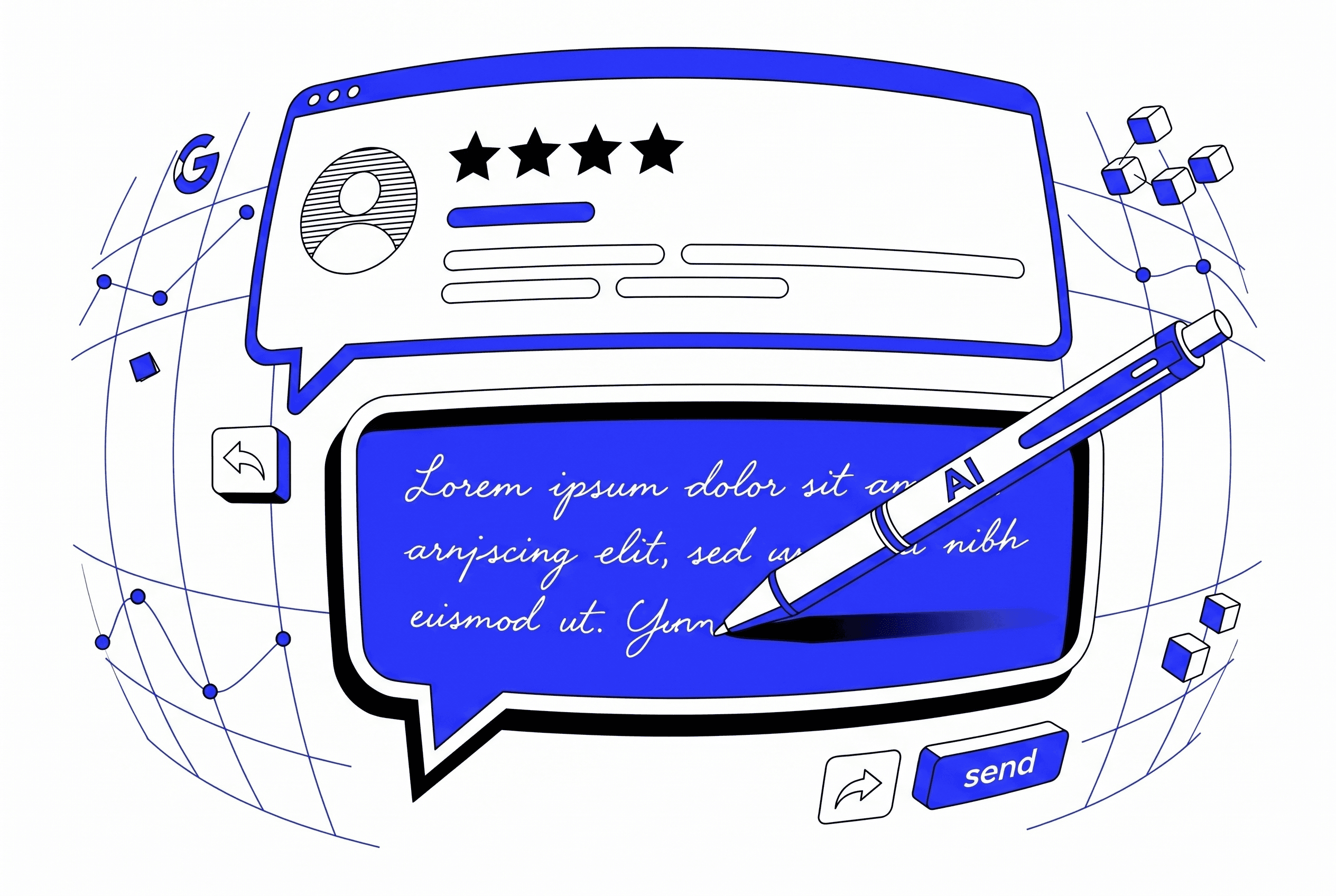 رسم مفاهيمي لقلم مدعوم بالذكاء الاصطناعي يكتب تلقائياً رداً داخل فقاعة رد أسفل بطاقة تقييم 3 نجوم على جوجل. يوضح هذا قدرة برامج إدارة التقييمات على إنشاء ردود ذكاء اصطناعي مؤتمتة ومراعية للسياق على ملاحظات العملاء.