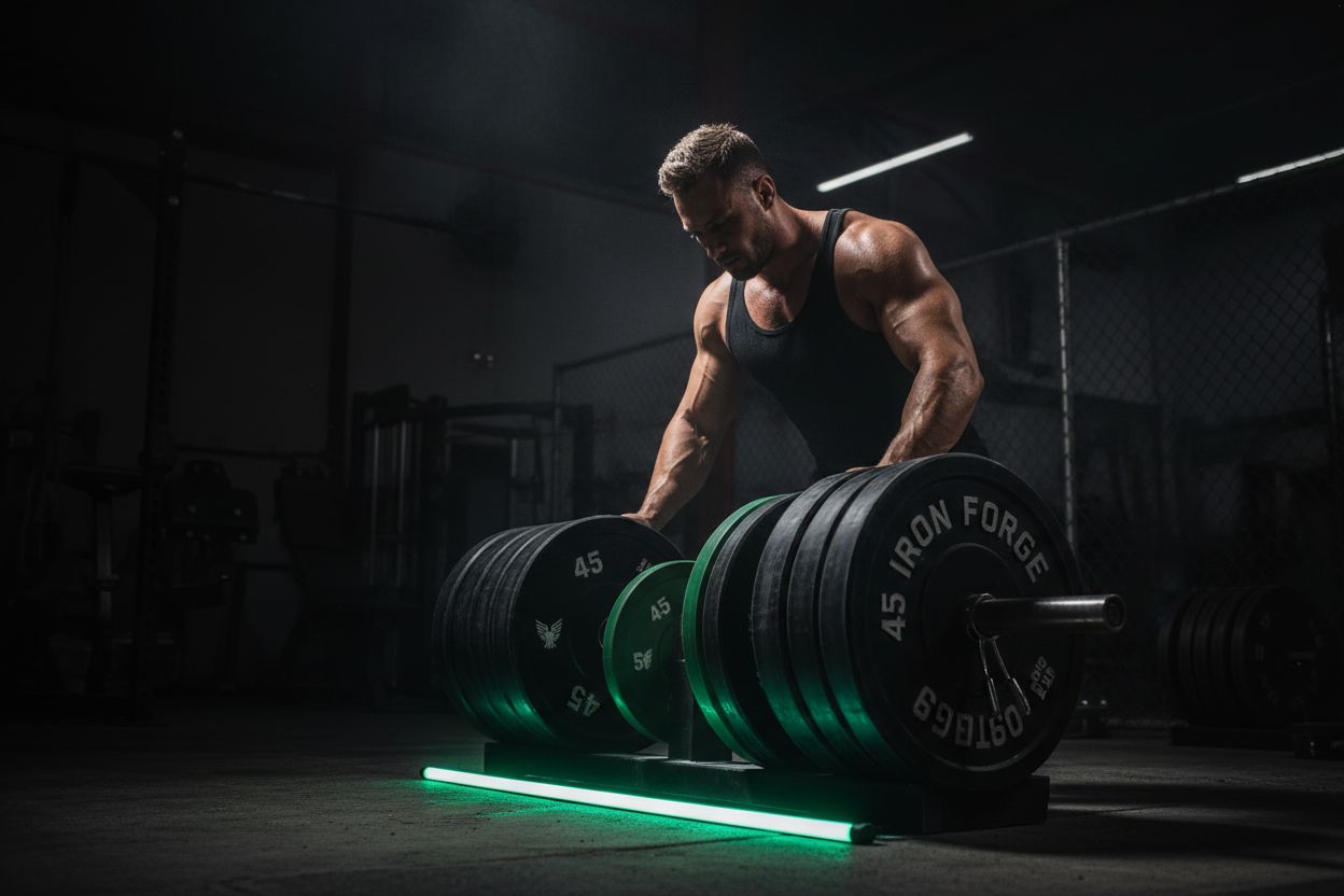 A lifter checking barbell plates in a gym
