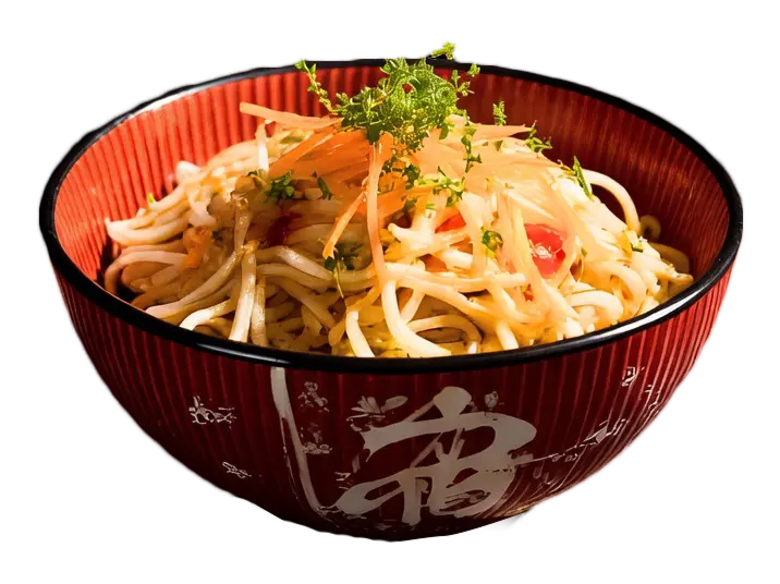A textured red bowl with white calligraphy, filled with noodles, bean sprouts, carrots, and herbs.