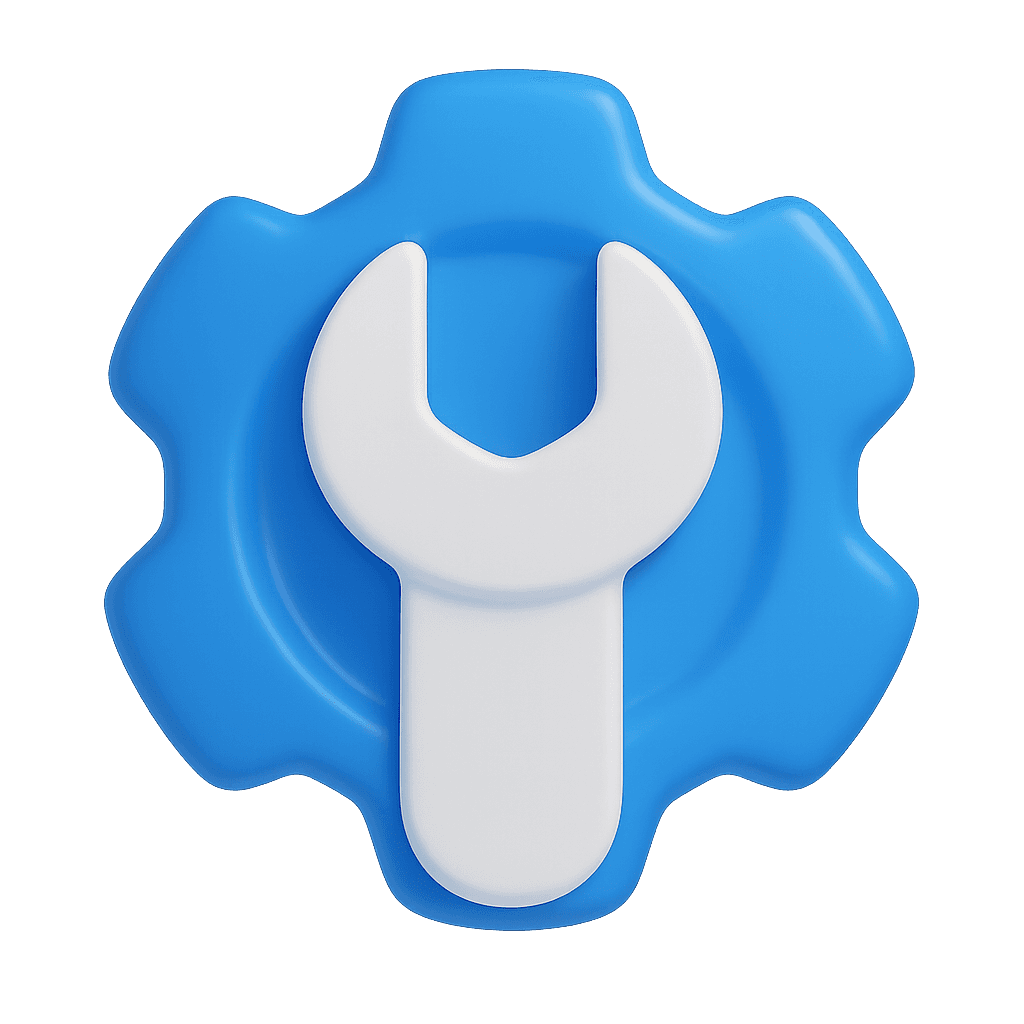3D blue gear with a white wrench overlay, representing configuration, maintenance, and operational tools.