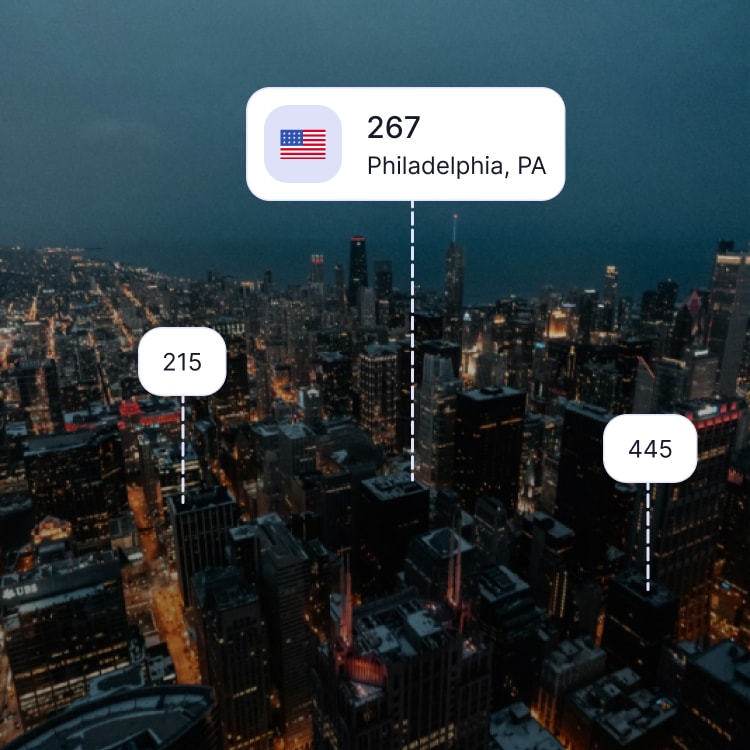 City skyline of Philadelphia showing the 267 area code and surrounding area codes