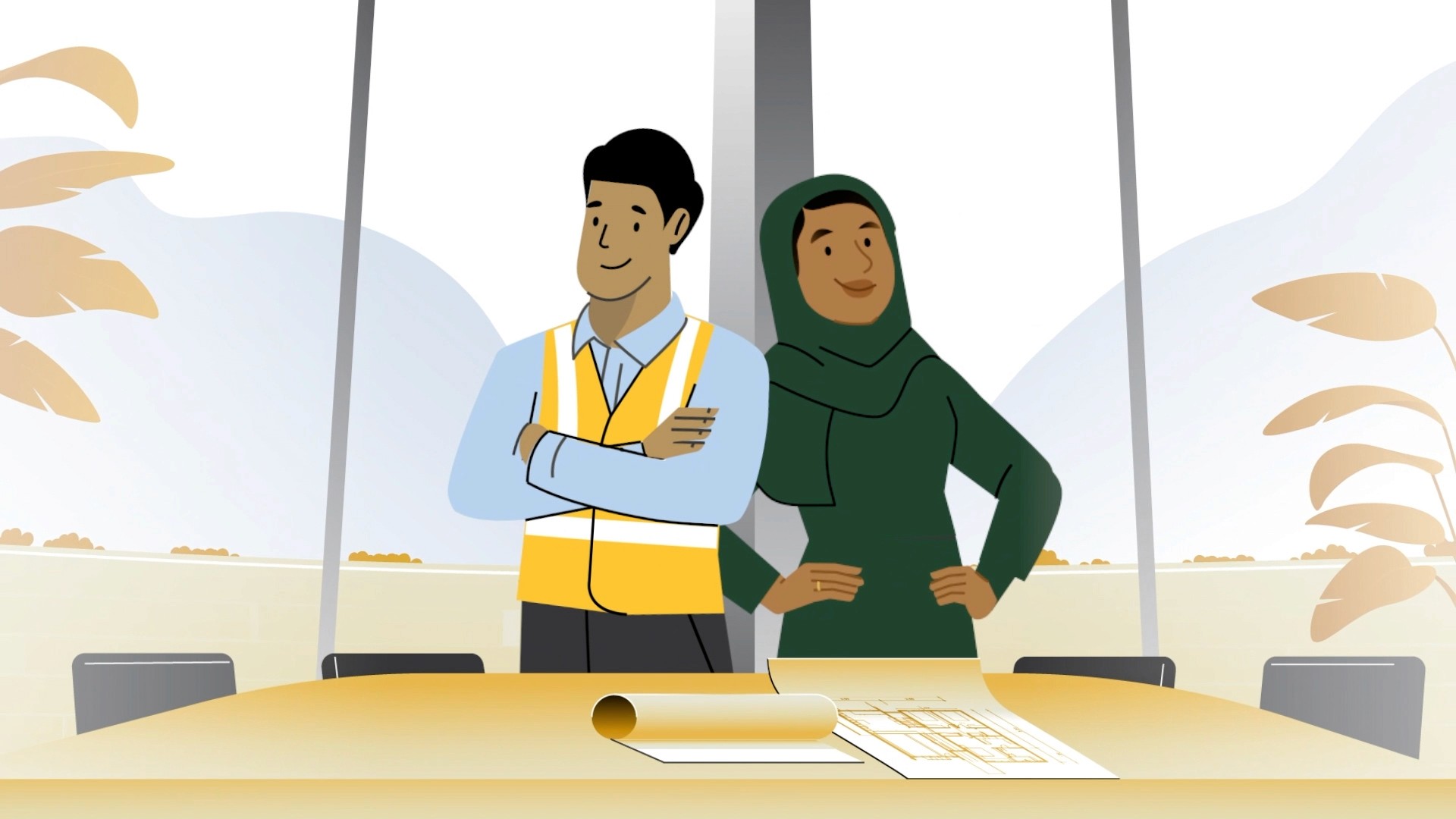 2D vector illustration of two managers standing in the conference room