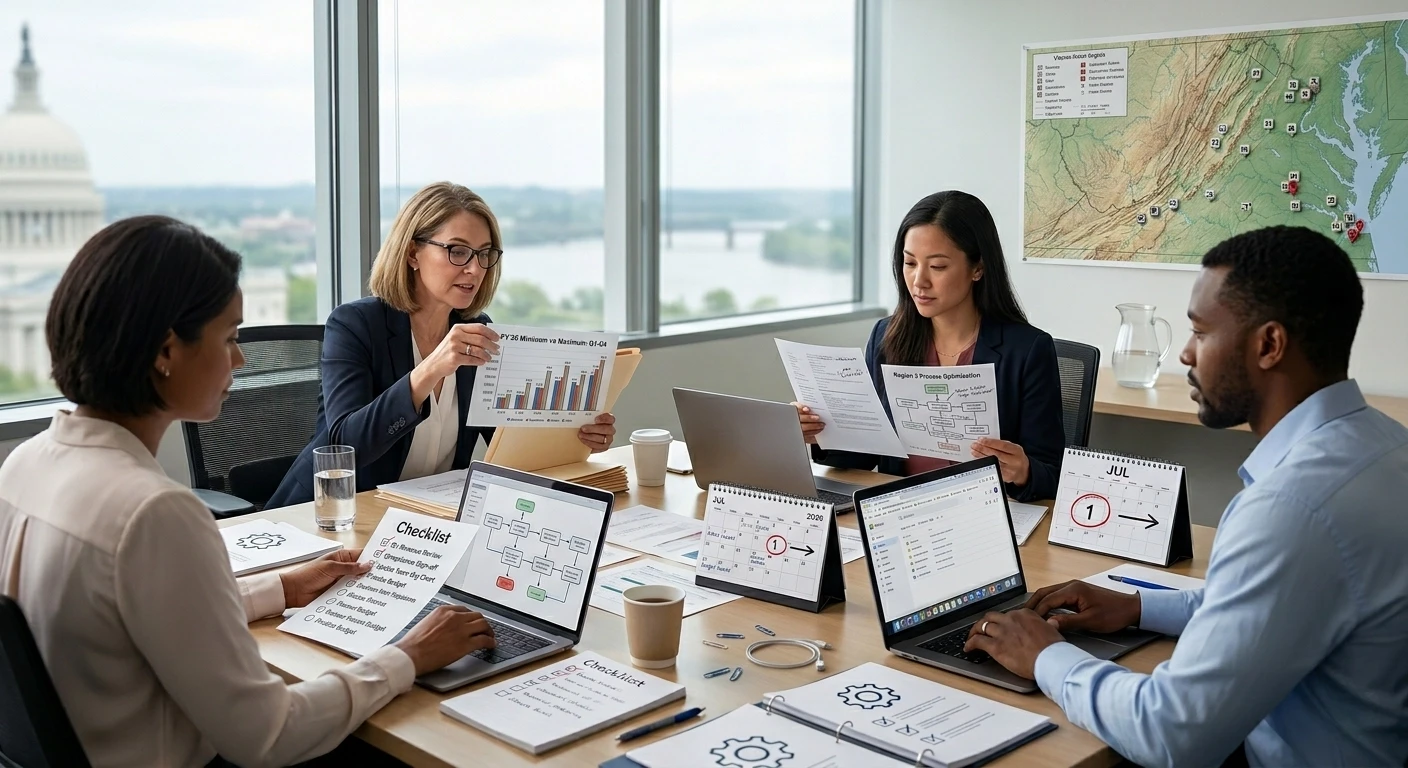 A diverse corporate team reviewing financial charts, laptops, and HR checklists during a meeting in a Richmond office overlooking the Virginia State Capitol building. A desk calendar highlights July 1st, representing preparations for the 2026 Virginia Pay Transparency Law.  Option 2: Focus on SEO and HR Compliance (B2B)