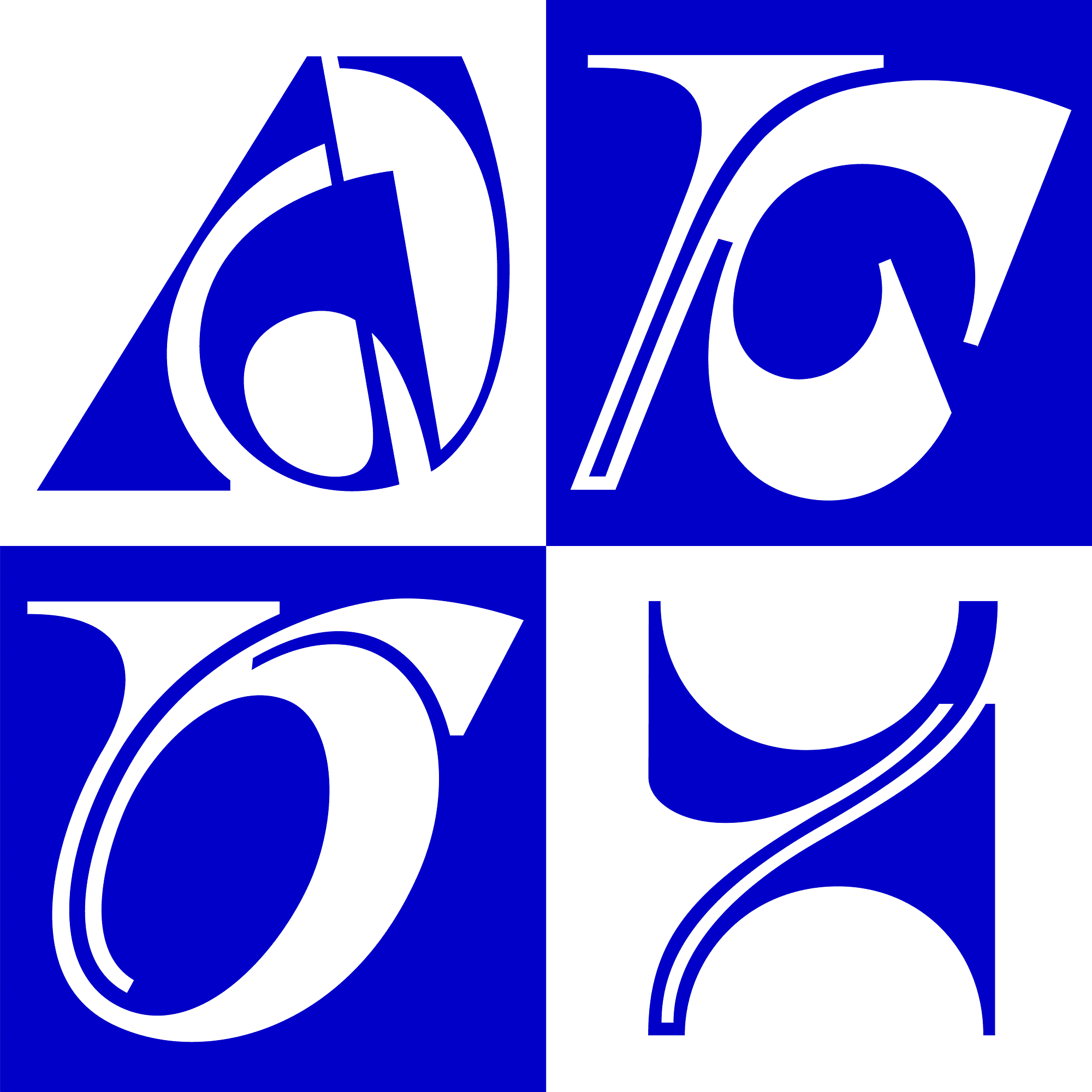 A sample set of letters A, K, O and Z from 36 Days of Type design alphabet.