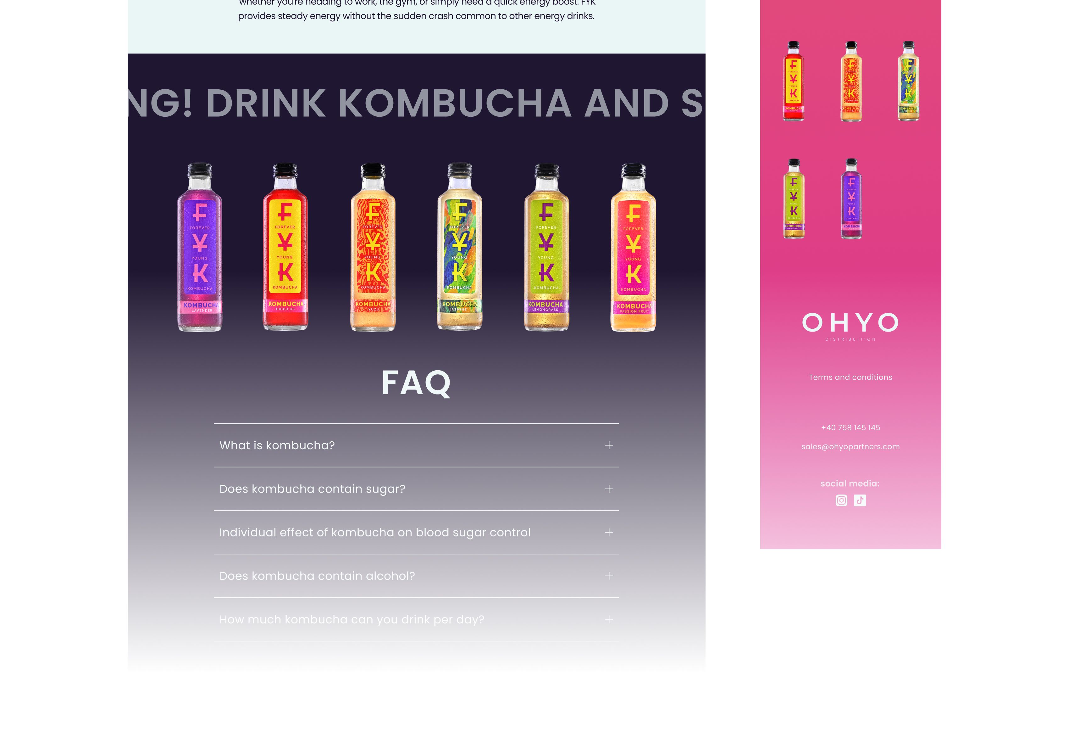 FYK Kombucha collection page on OHYO website featuring product lineup and FAQ about kombucha benefits.