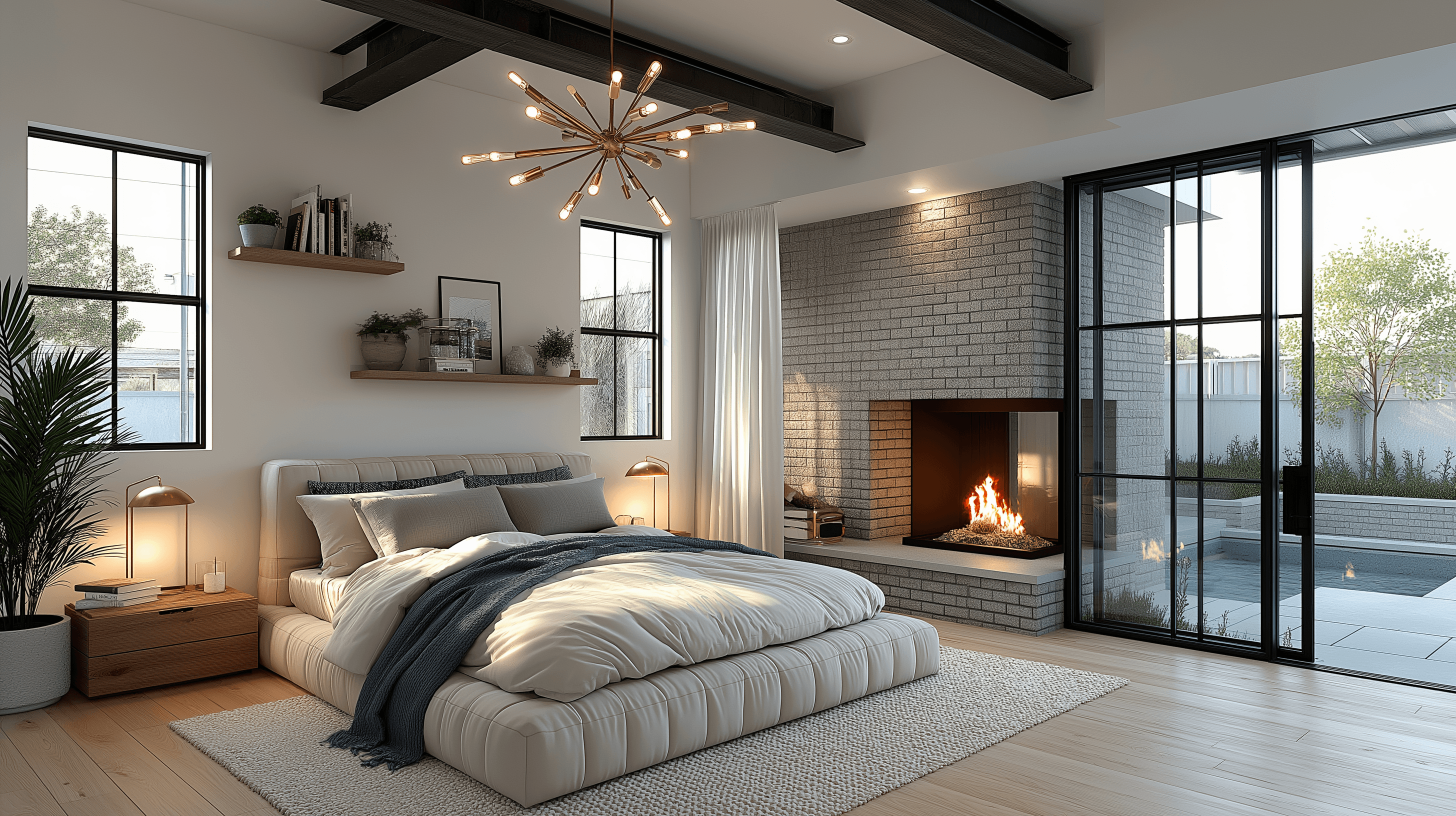 Contemporary bedroom with a white tufted platform bed, a grey brick fireplace, exposed wood beams, and black-framed sliding doors leading to a private patio.